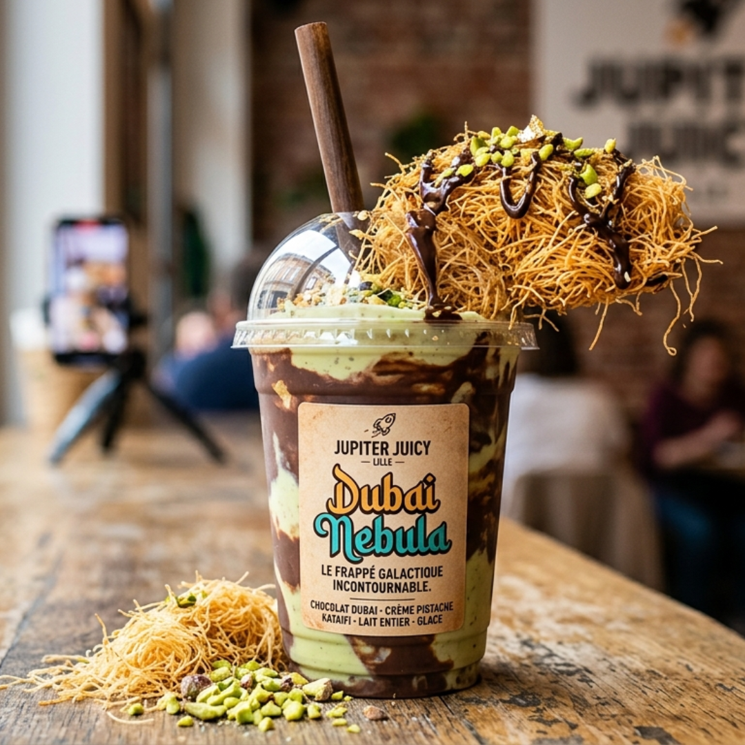 Dubai Nebula frappé chocolat Dubai crème pistache kataifi – Jupiter Juicy Galactosnack food truck Lille