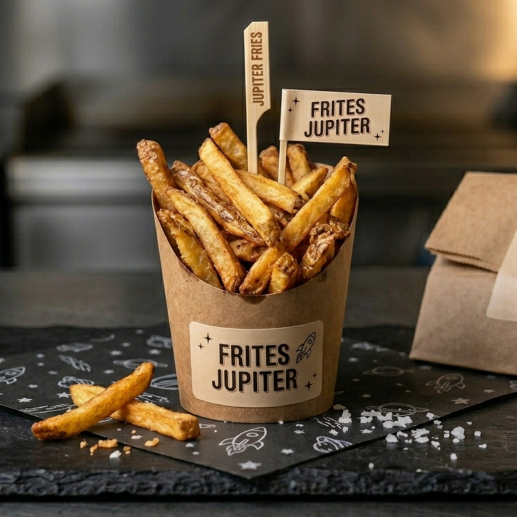 Frites Jupiter maison croustillantes dans leur cornet kraft – Jupiter Juicy Galactosnack food truck Lille