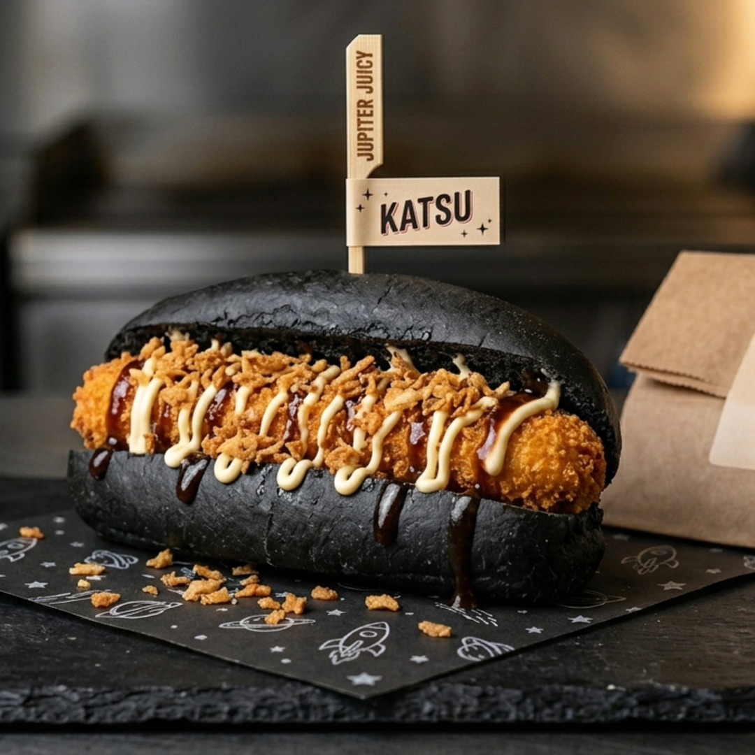 Hot Dog Katsu bun noir poulet pané sauce miso – Jupiter Juicy Galactosnack food truck Lille