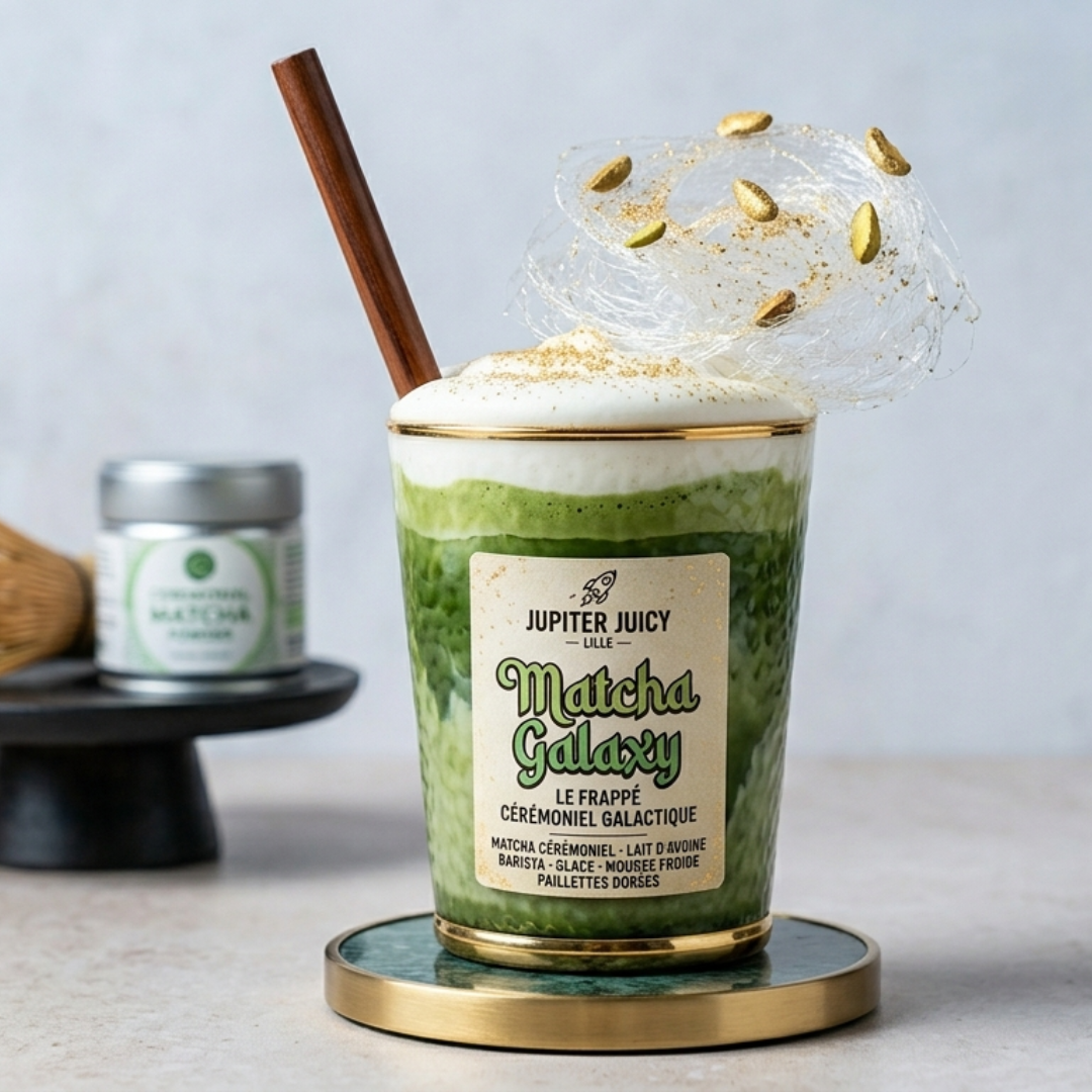 Matcha Galaxy frappé matcha cérémoniel lait d'avoine paillettes dorées – Jupiter Juicy food truck Lille