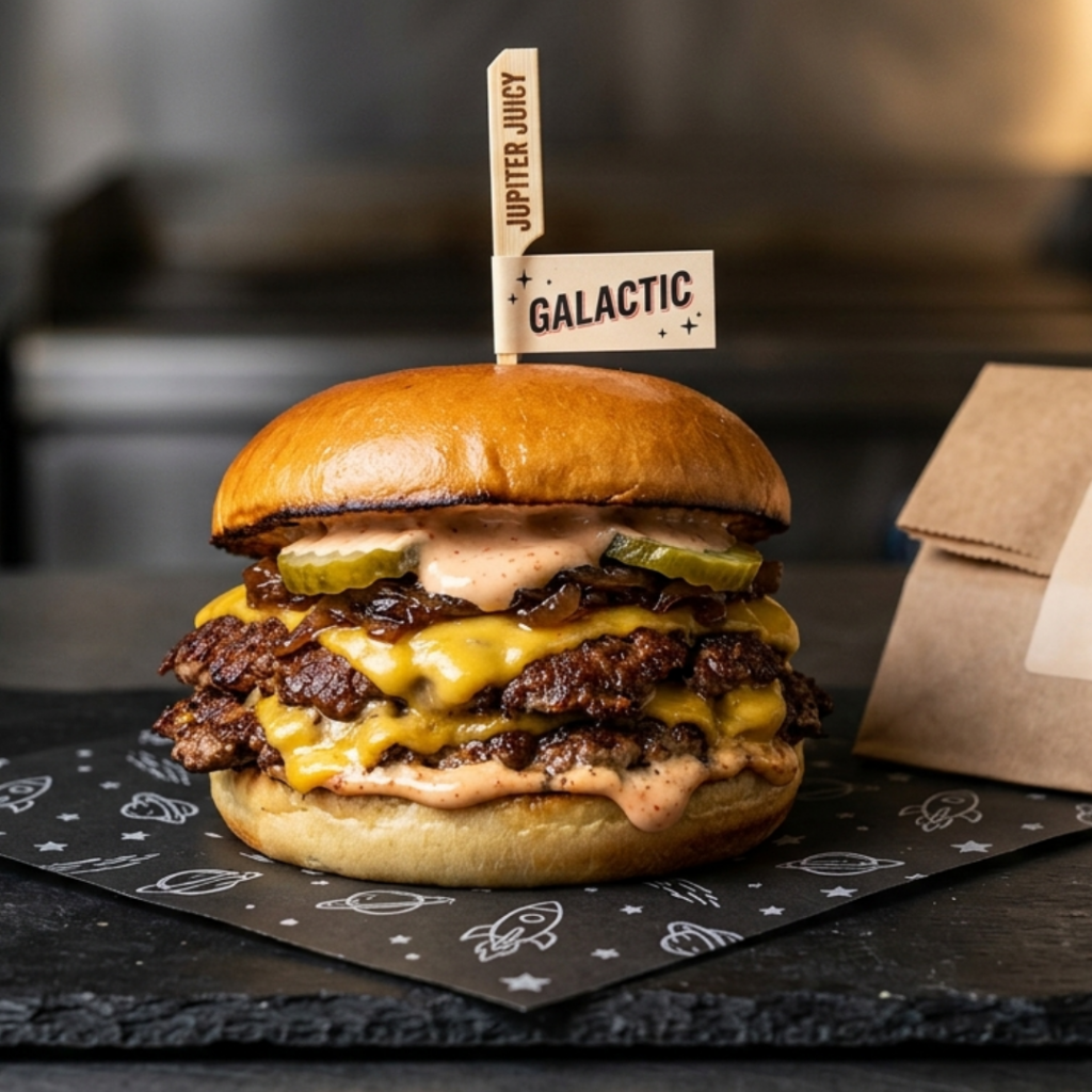 Smash Burger Galactic double steak cheddar fondu – Jupiter Juicy Galactosnack food truck Lille